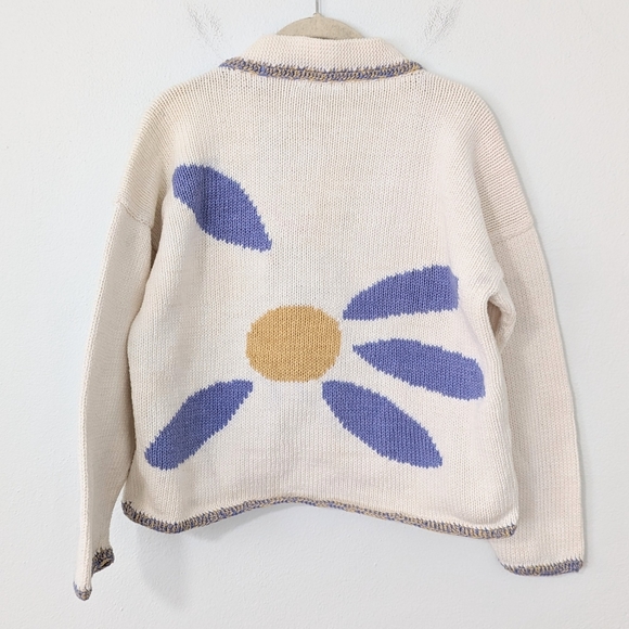 Vintage Sweaters - Vintage Y2K M. Gibson Daisy Floral Knit Cardigan White Blue Size Medium M